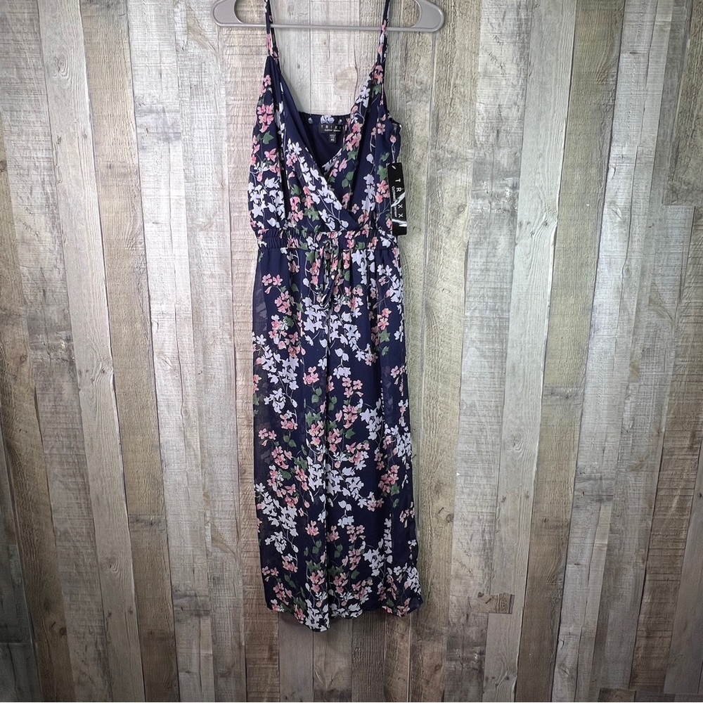 Trixxi Spaghetti Strap XS Surplice Floral Jumpsuit Cropped Lined Wide Legs